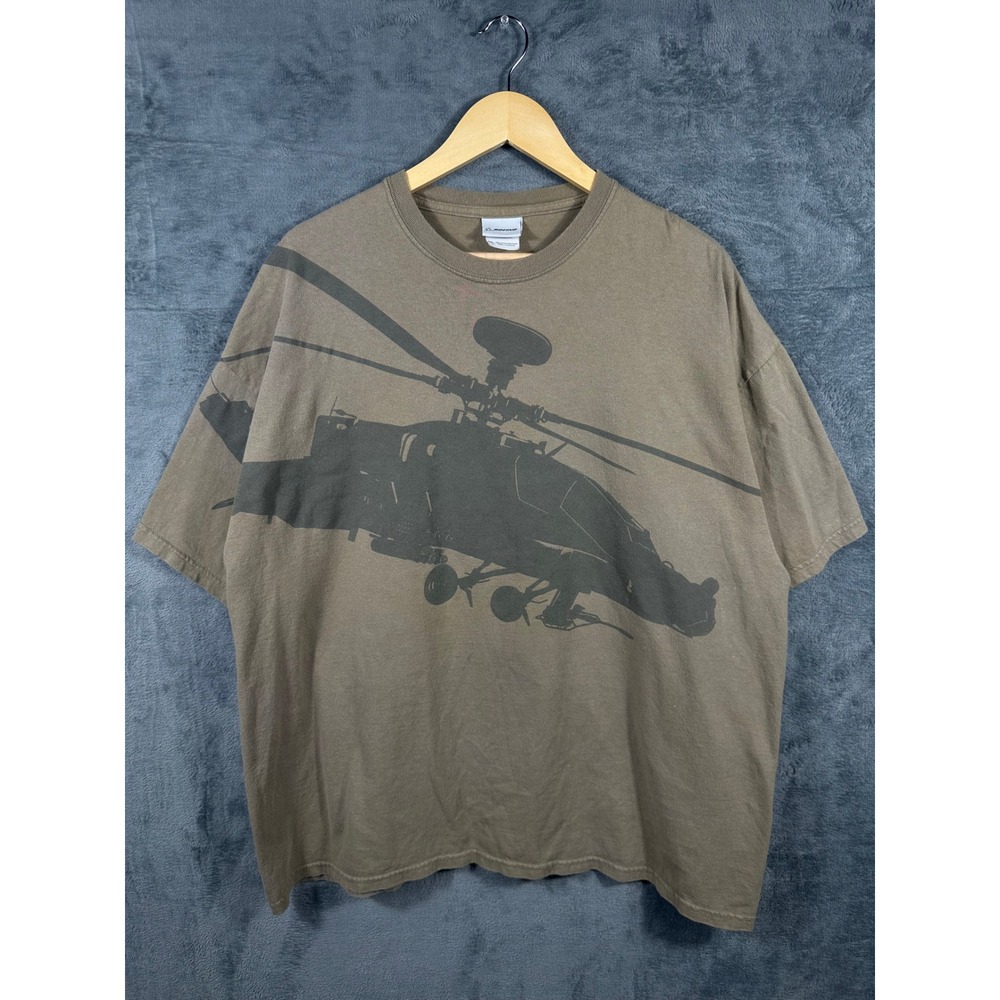 Boeing AH-64D Apache Longbow Helicopter Graphic T-Shirt Mens 2XL Brown Military